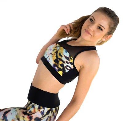 Leopard Sport-BH mit Mesh-Einsatz, Nahaufnahme von vorn