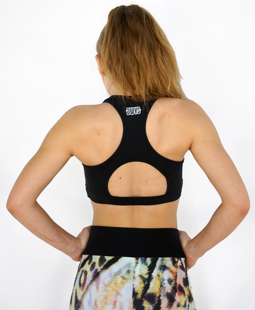 Schwarzer Sport-BH mit Cut-out-Rücken, Rückansicht