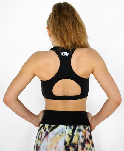 Schwarzer Sport-BH mit Cut-out-Rücken, Rückansicht
